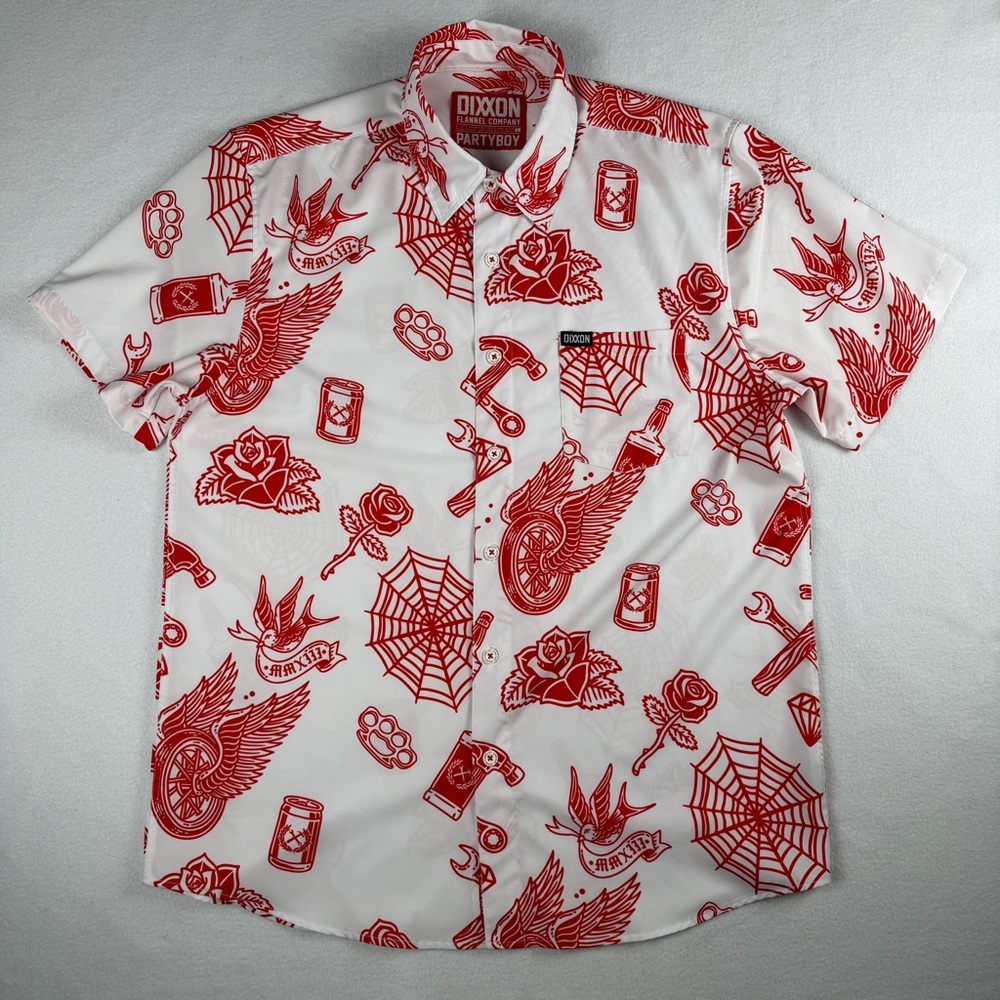 Dixxon Men's PartyBoy Short Sleeve‎ Button Down Shirt Red White Large - Picture 5 of 10